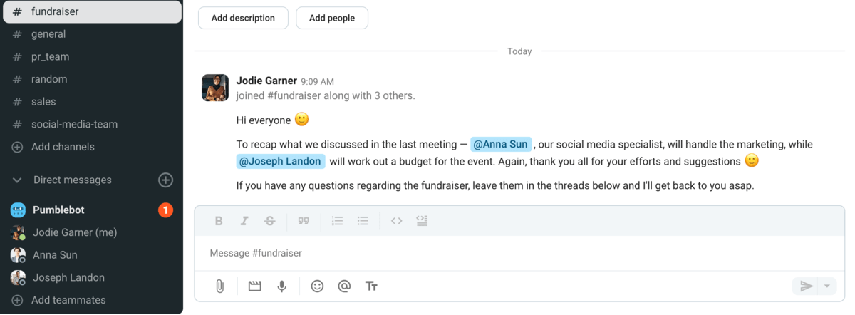 Recapping a meeting in Pumble, a team communication app