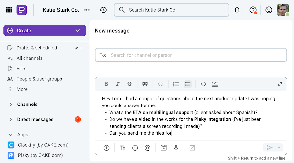 Drafting a message in Pumble, a team communication app