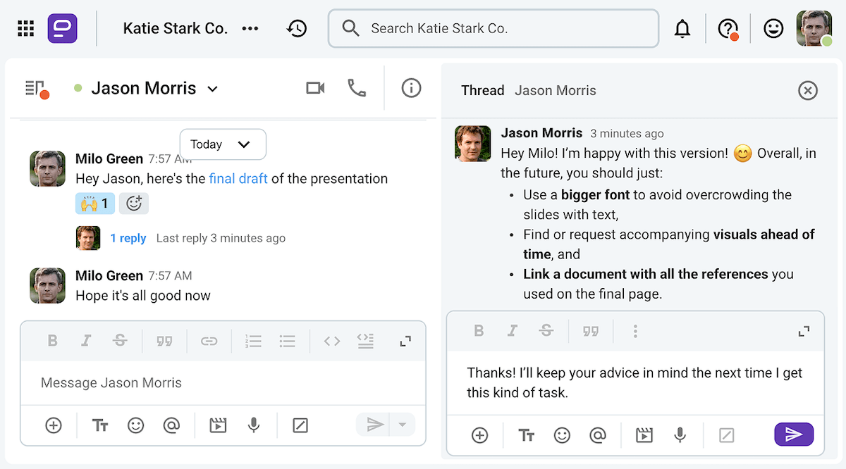 Giving and receiving feedback on Pumble, a business messaging app