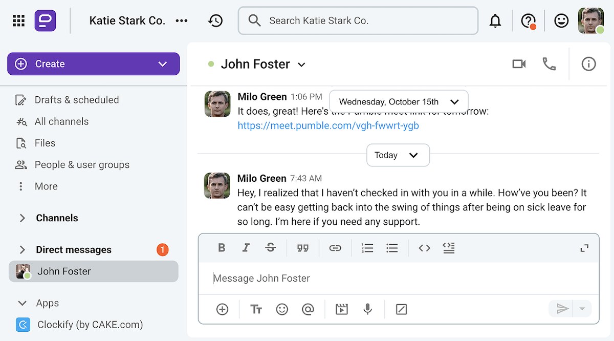 Milo checks in with a coworker on Pumble, a team communication app
