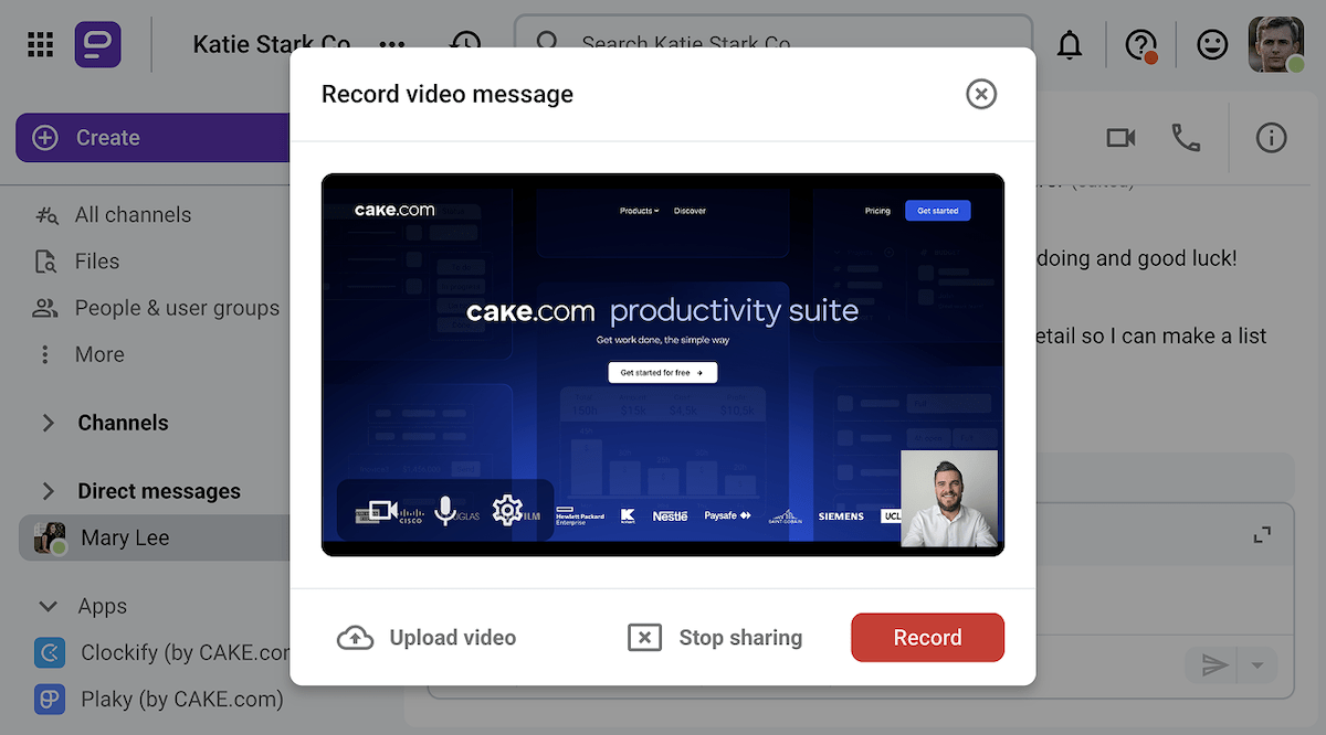 Recording a video message on Pumble, a business messaging app