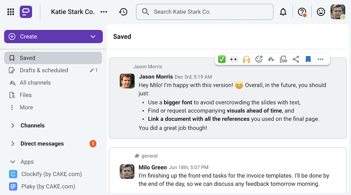Saved messages in Pumble, a team communication app