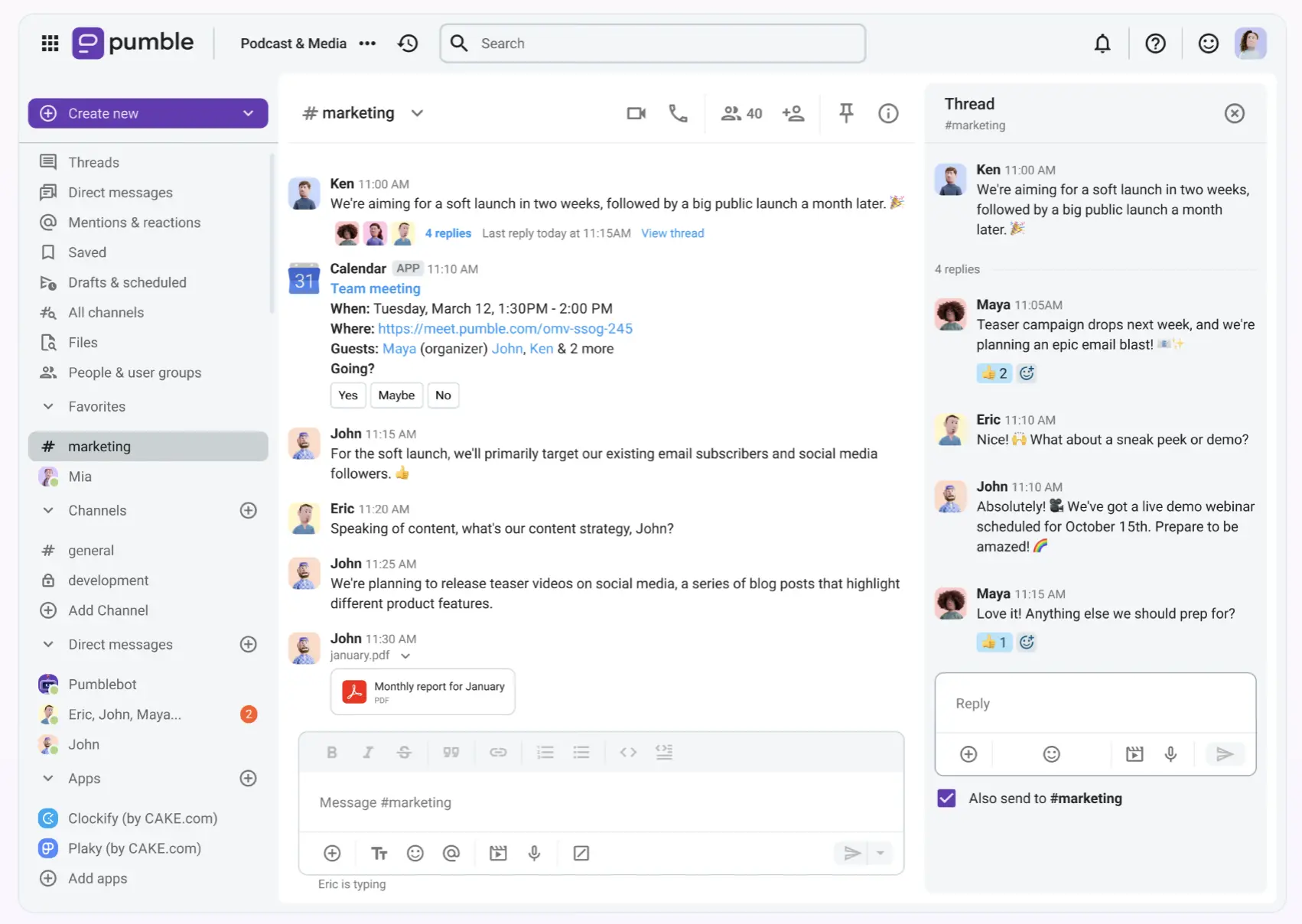 From planning to execution, do everything in Pumble channels