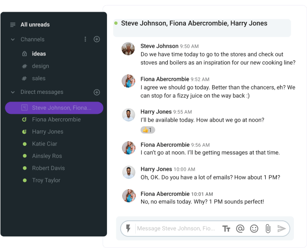 A cross-team conversation in Pumble, a team messaging app