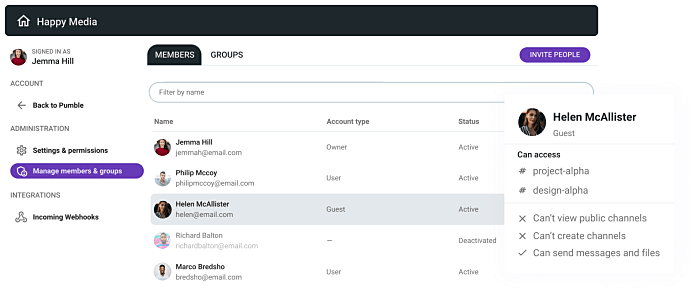 Um exemplo de limitação de acesso e moderação de grupos de usuários no Pumble