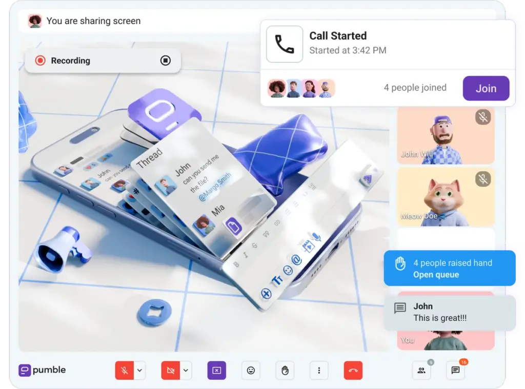 In Pumble, you’re one click away from a video call and its advanced features like screen sharing and meeting recording