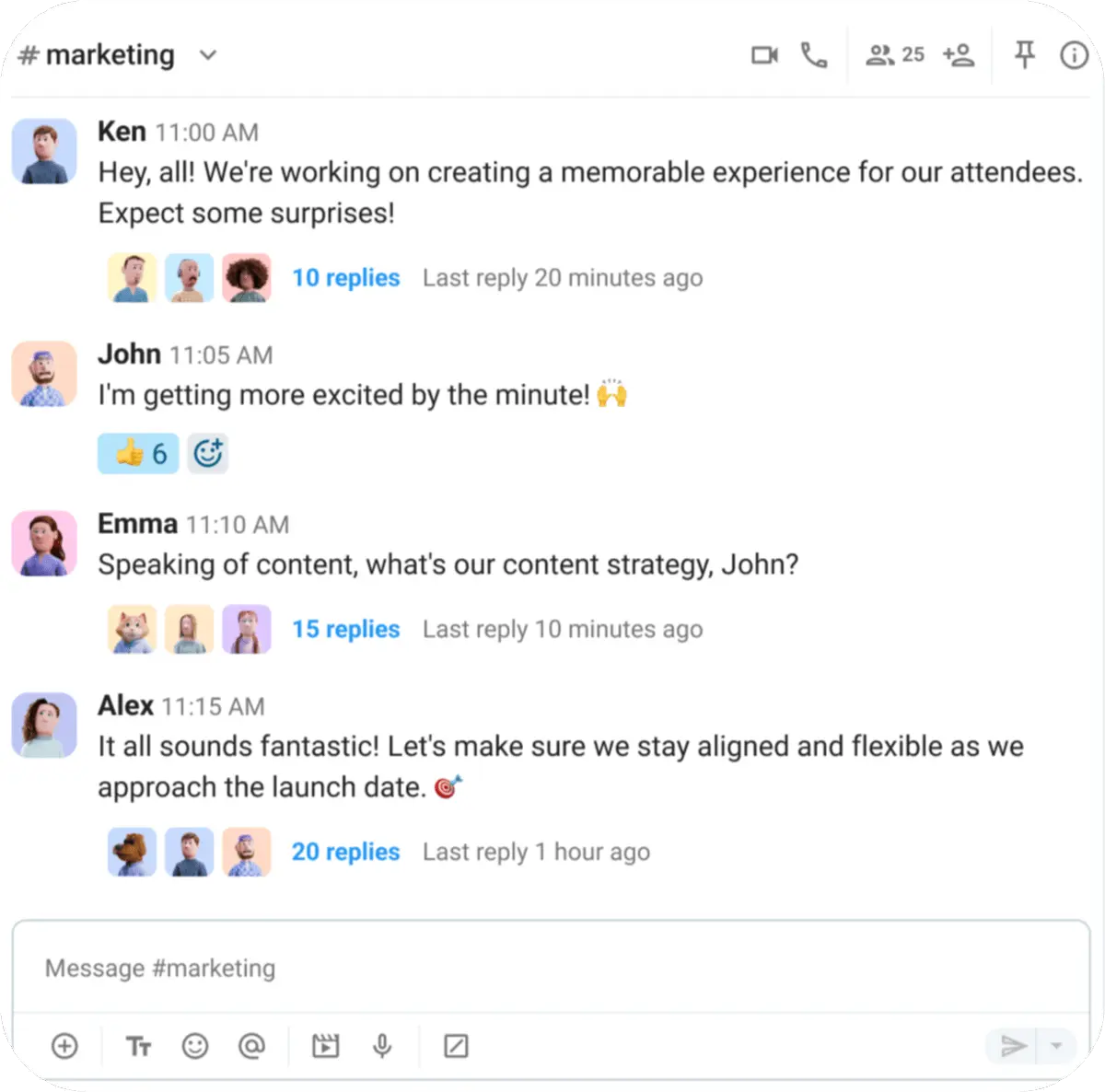 Pumble’s threads make discussions easier to follow without cluttering the main channel