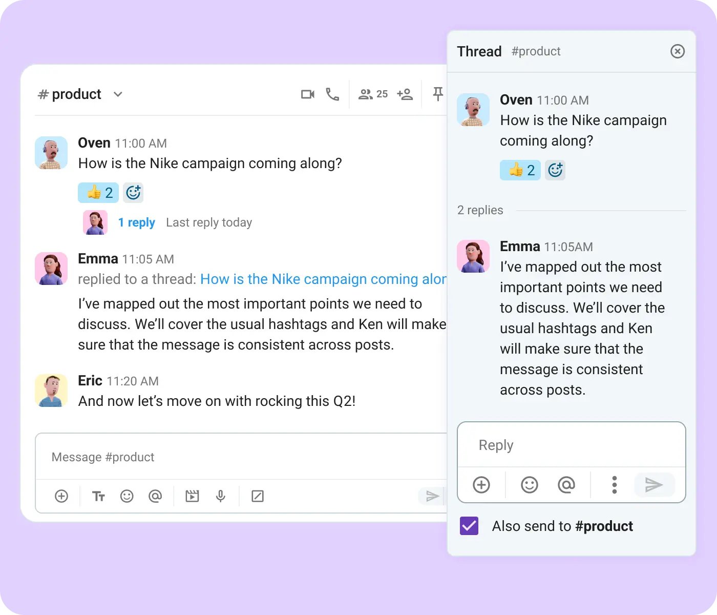 Sending important replies to both the thread and the channel ensures visibility when it matters