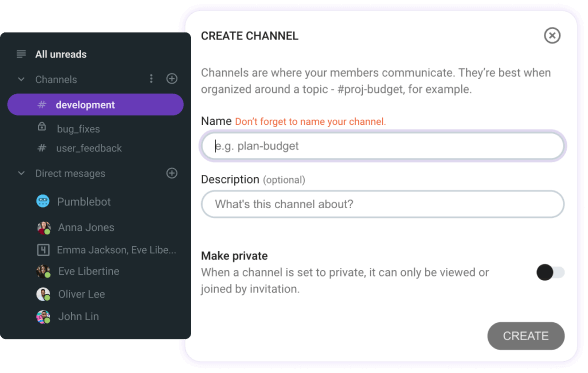 Creating channels in Pumble, a team communication and collaboration app