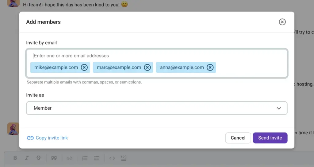Enter email addresses of your teammates