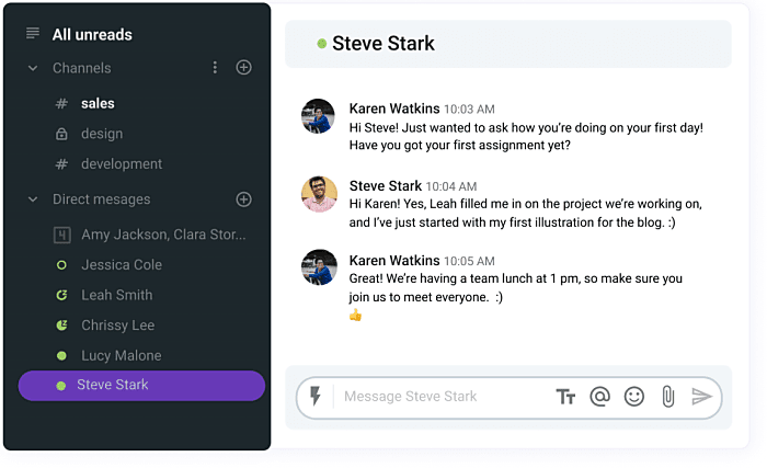 An example of a check-in conversation in the Pumble chat app