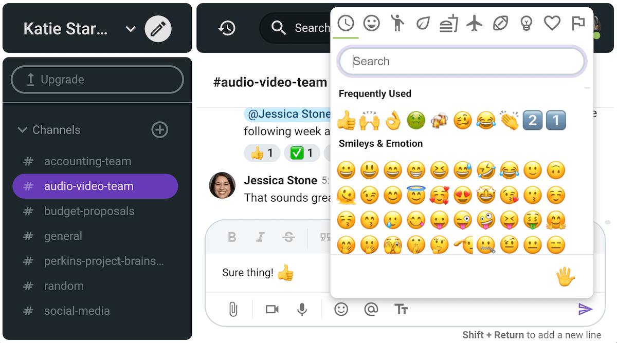 The emoji window in the team communication app Pumble