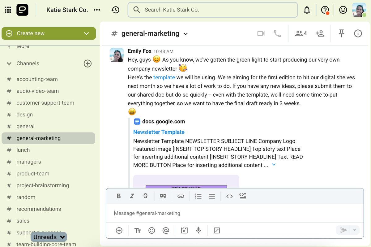 An example of using an internal communication template to share information with employees over Pumble, a team communication app