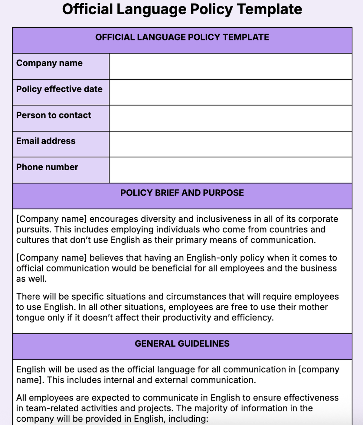 11. Official Language Policy Template