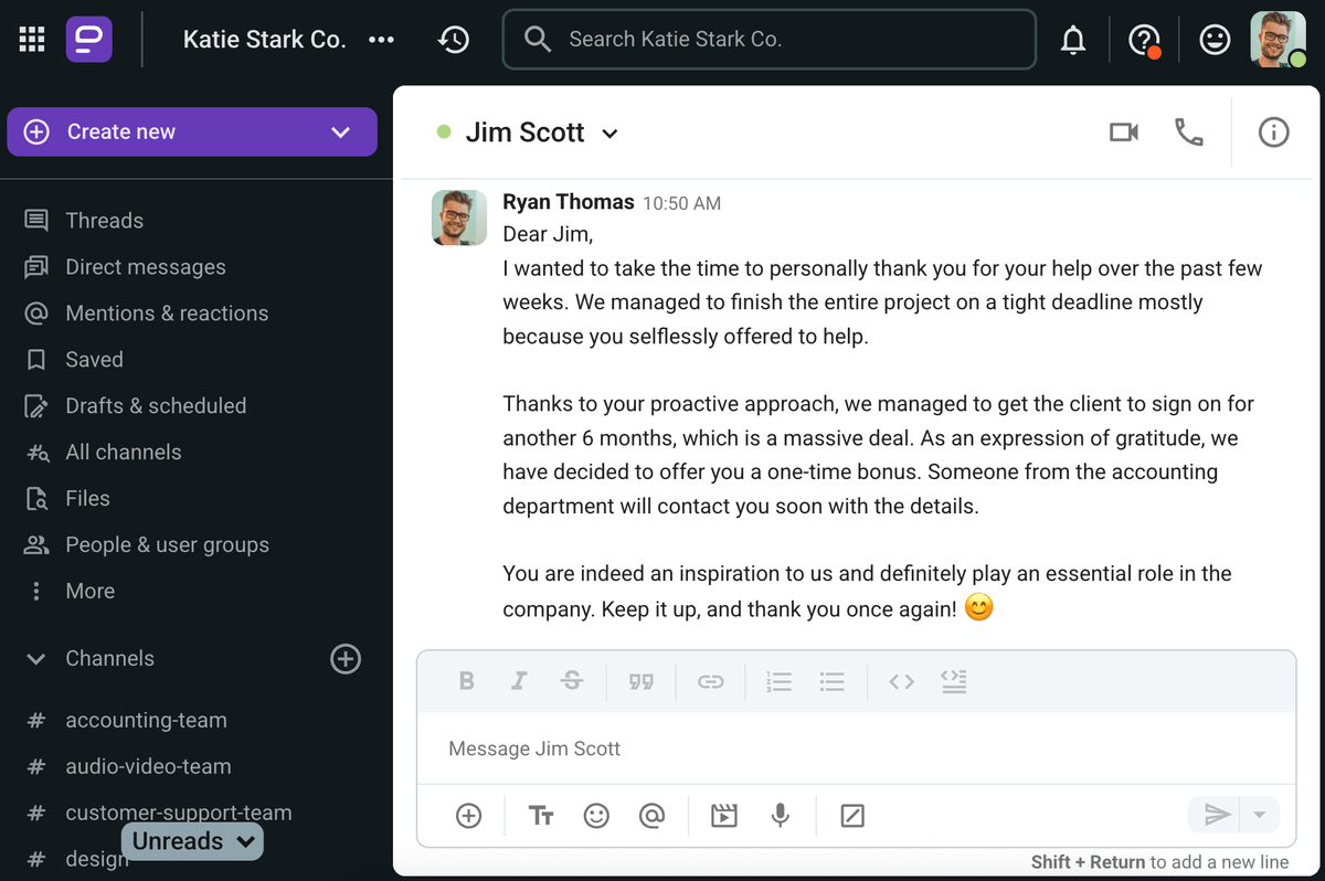 Internal communication templates can come in handy in many scenarios — including praising your coworkers over Pumble, a business messaging app