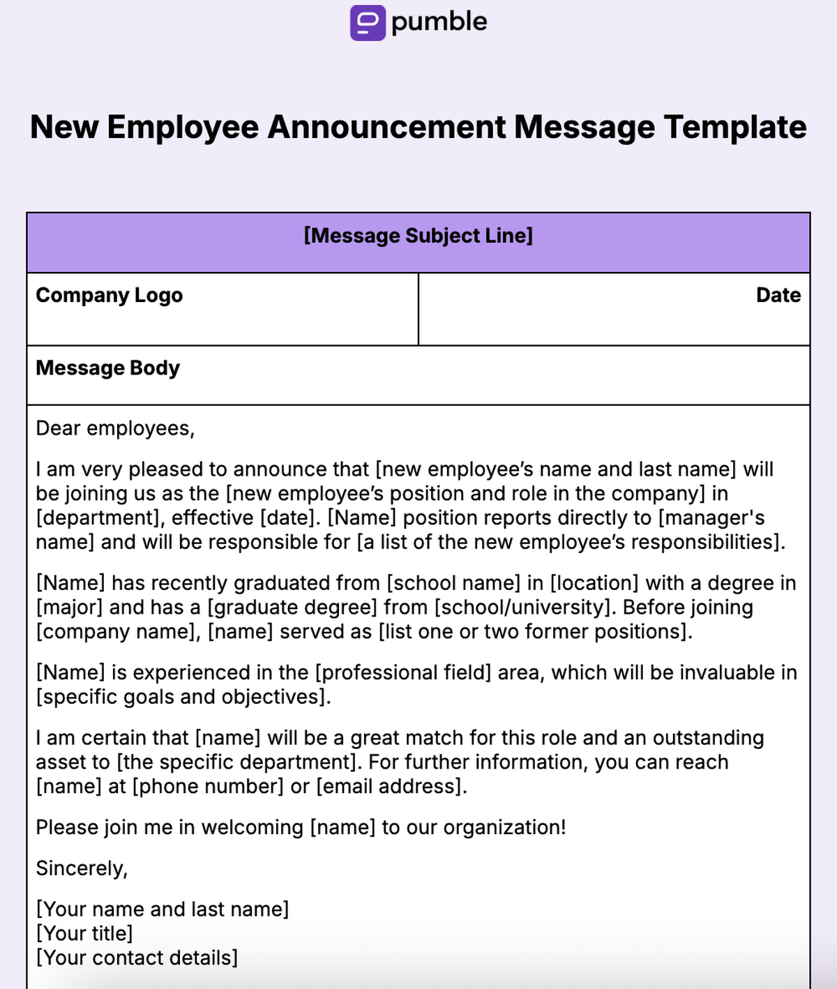 20. New Employee Announcement Message Template -min