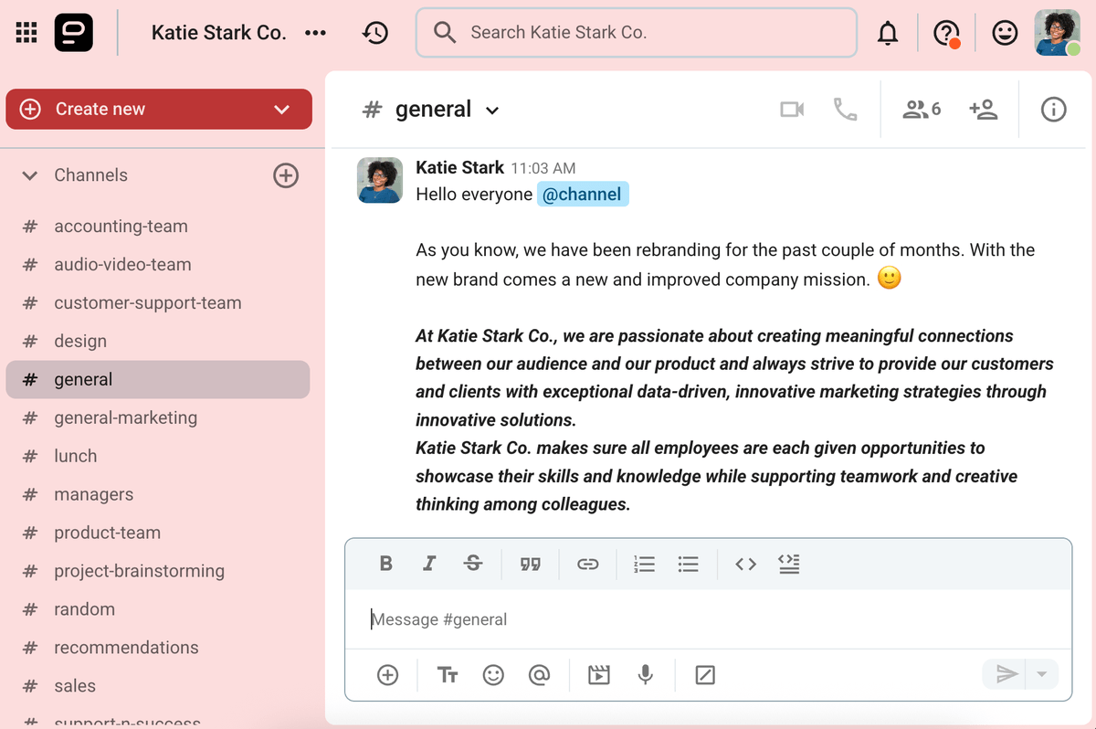 An example of a tailored version of the Company mission statement template shared on Pumble, an employee communication app