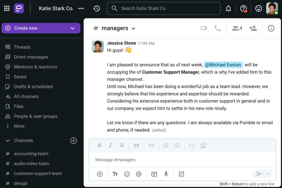 An example of how our template can be used for announcing change over Pumble, an internal communication software