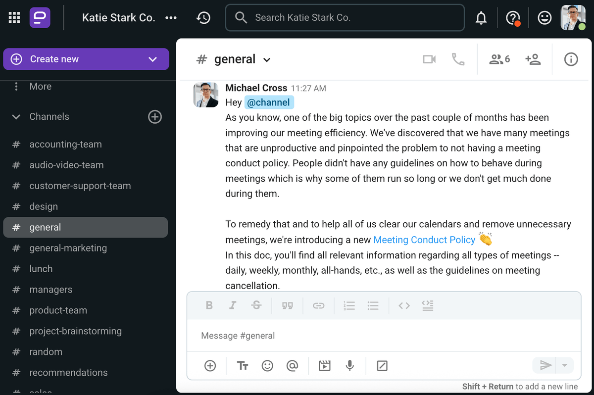Sharing a new meeting conduct policy via Pumble, a team communication app