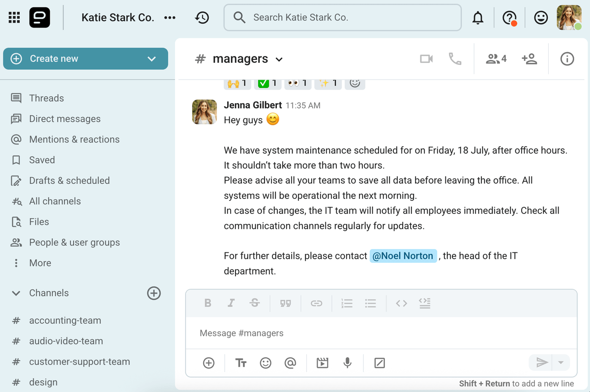 IT staff uses the IT Message Template to quickly share an announcement about system maintenance on Pumble, an employee communication app