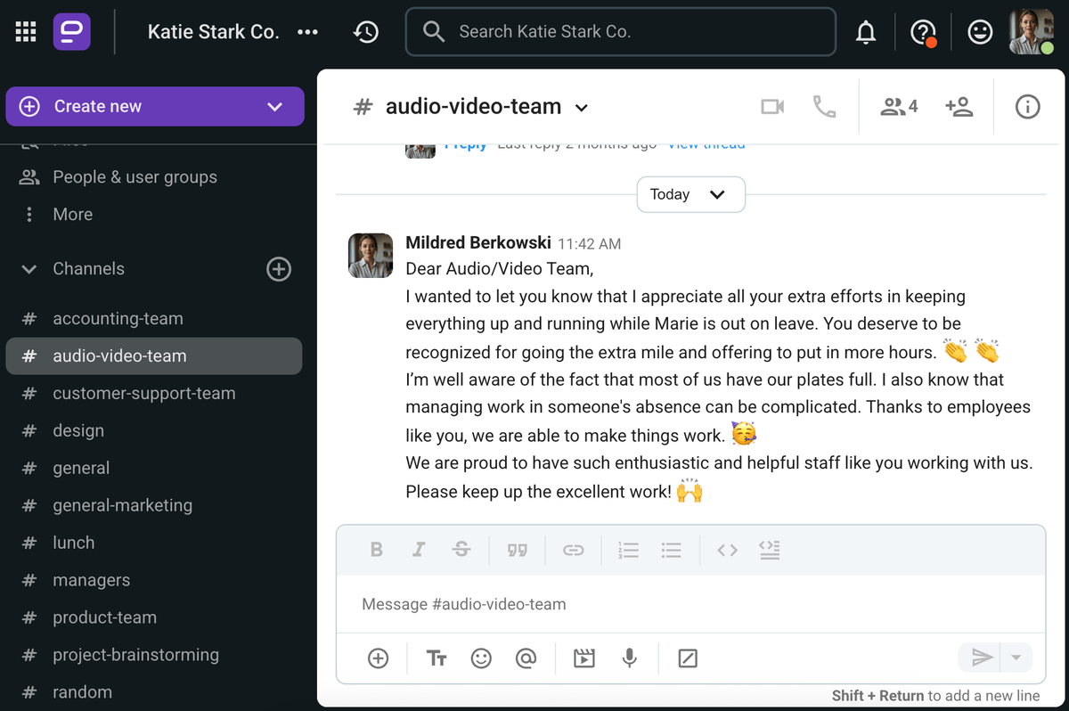 An example of an adapted Employee Appreciation Message Template on Pumble, a team collaboration app