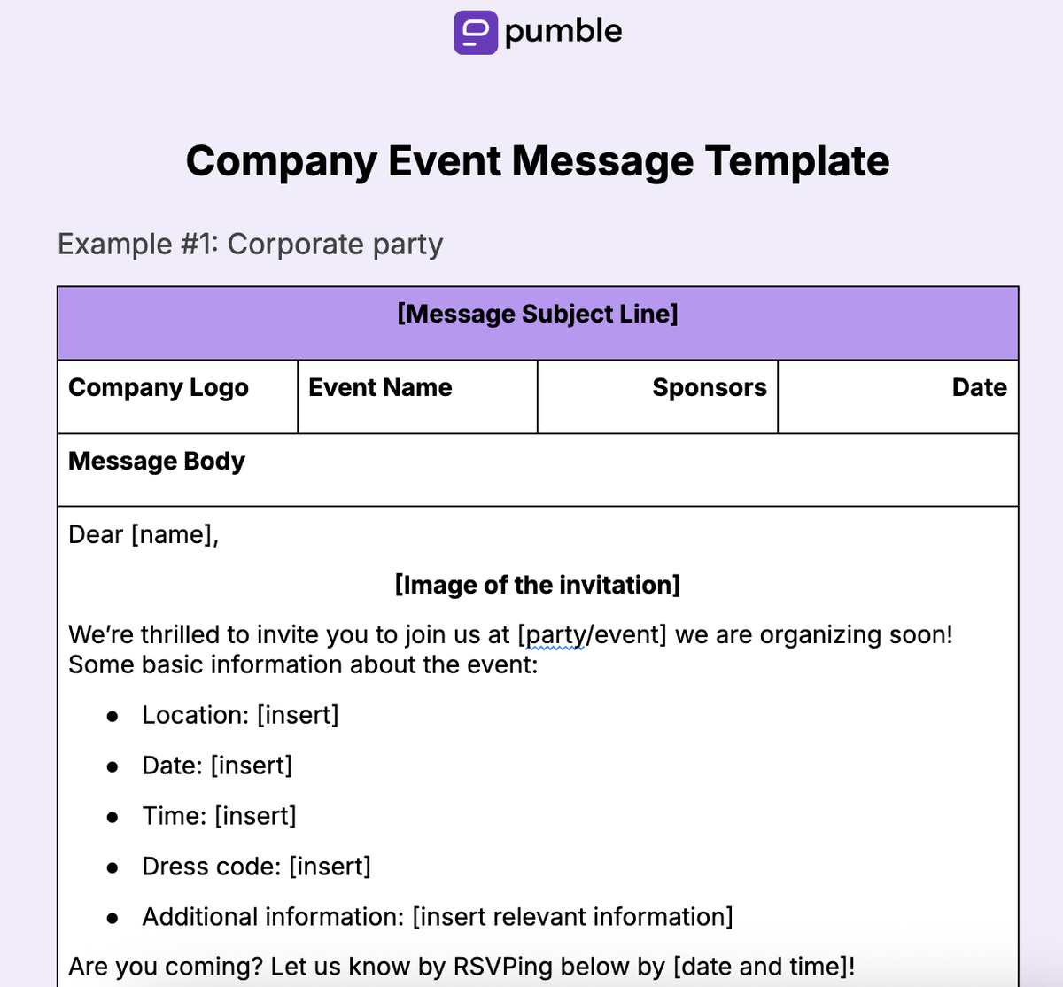 Company Event Message Template
