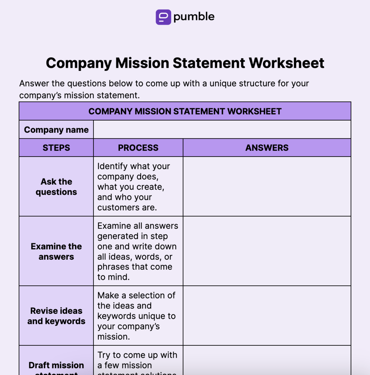 Company Mission Statement Worksheet