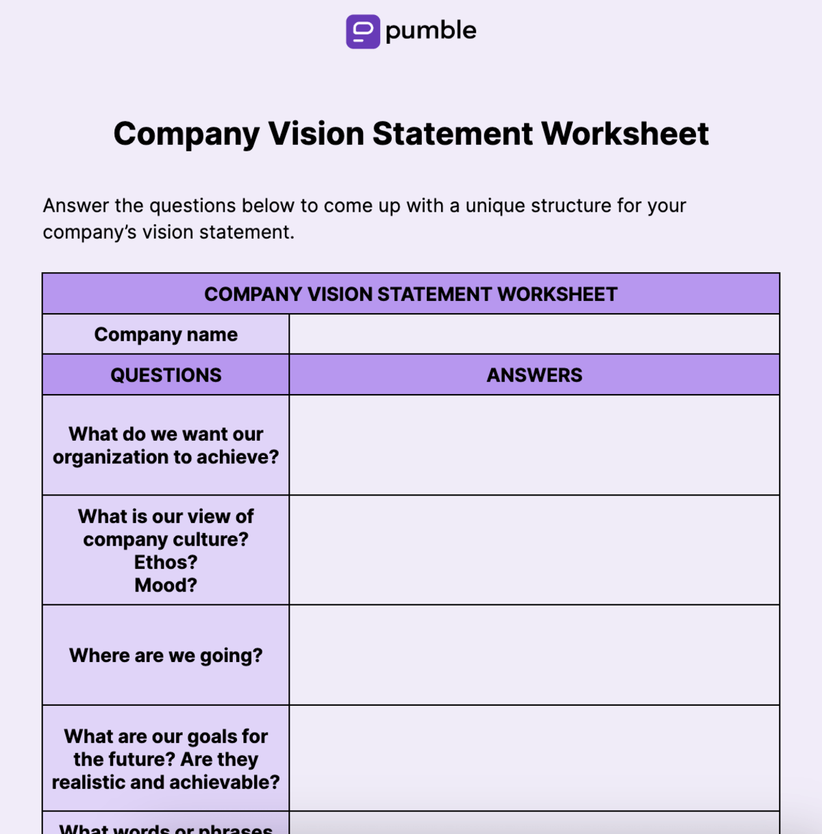 Company Vision Statement Worksheet