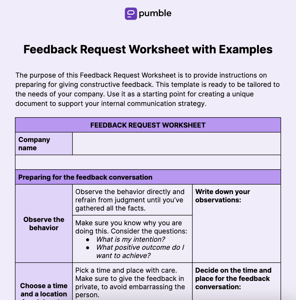 Feedback Request Worksheet with Examples