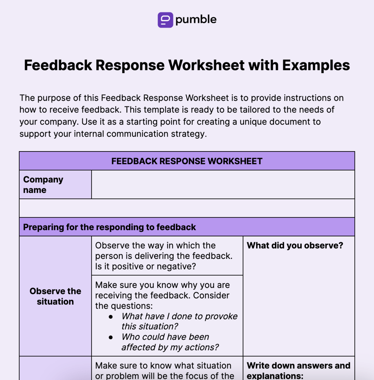 Feedback Response Worksheet with Examples