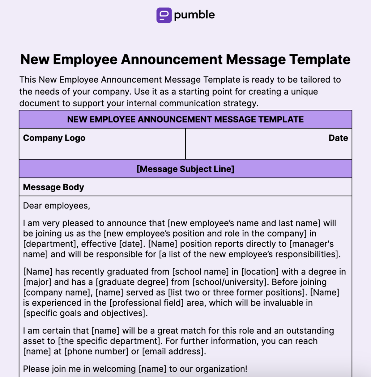 New Employee Announcement Message Template 