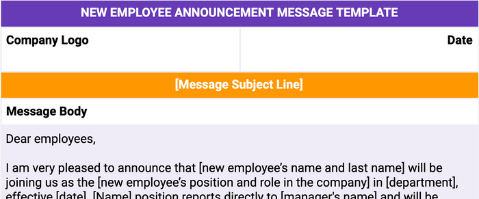 New Employee Announcement Message Template
