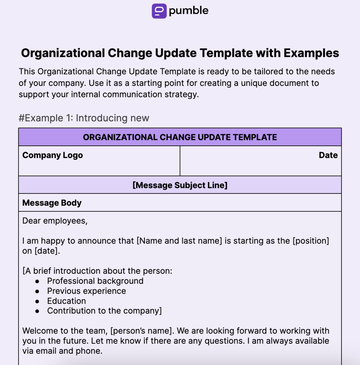 Organizational Change Update Template with Examples