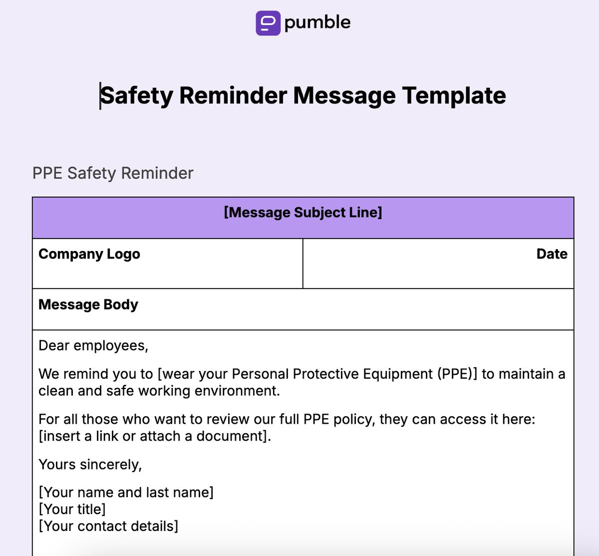 Safety Reminder Message Template