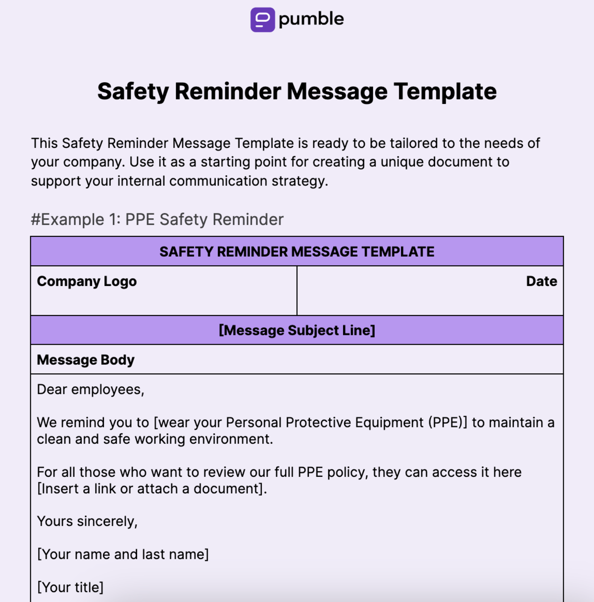 Safety Reminder Message Template