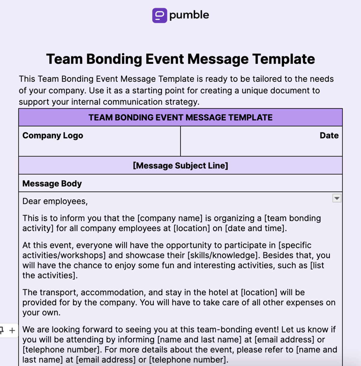 Team Bonding Event Message Template