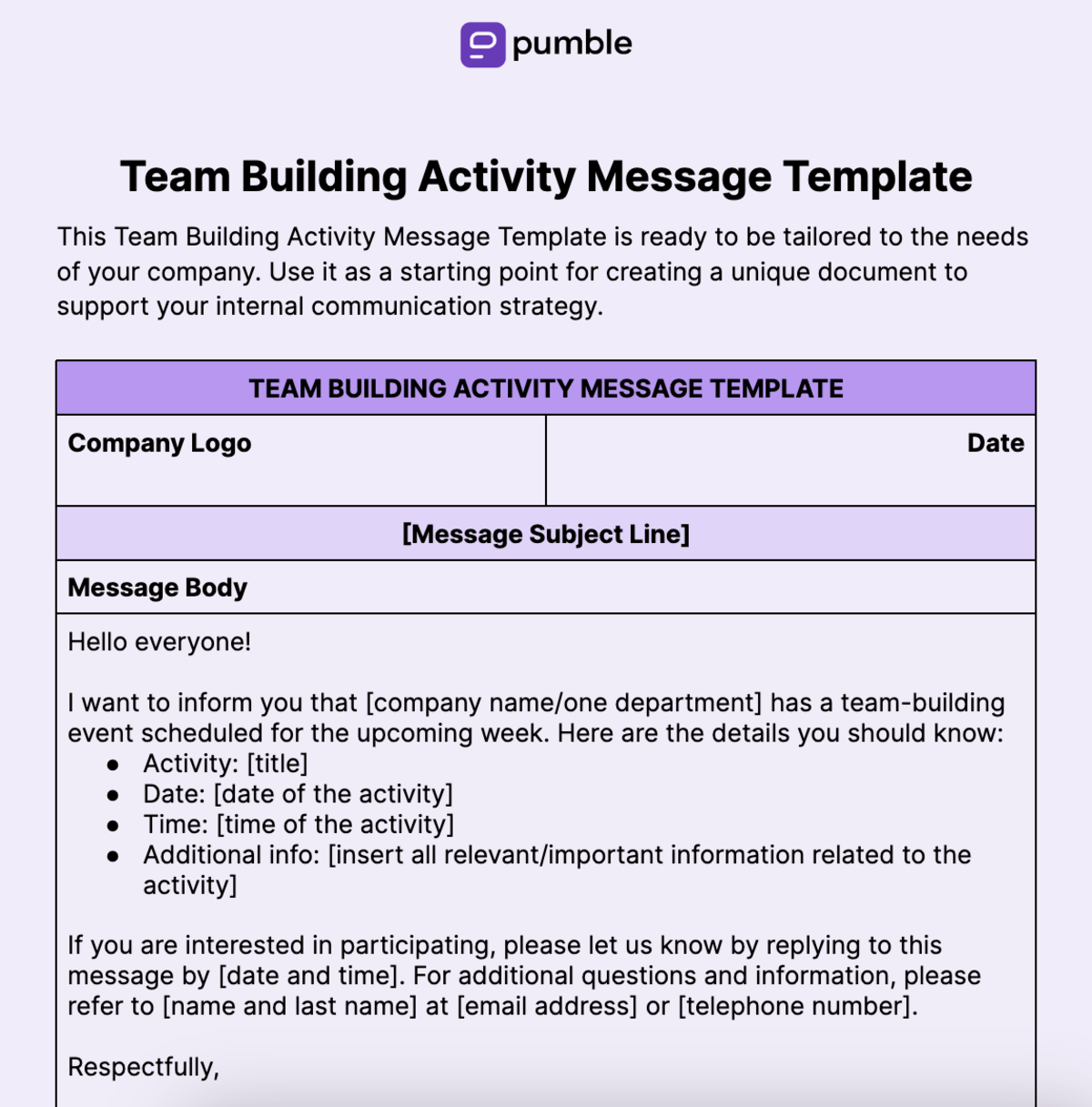 Team Building Activity Message Template