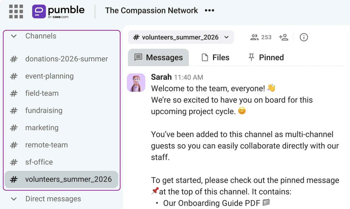 Pumble channels for nonprofit teams