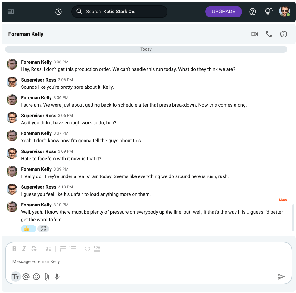 A word-for-word recounting of an example of active listening from Rogers’ and Farson’s 1957 paper, shown as an interaction on Pumble, a business communication app