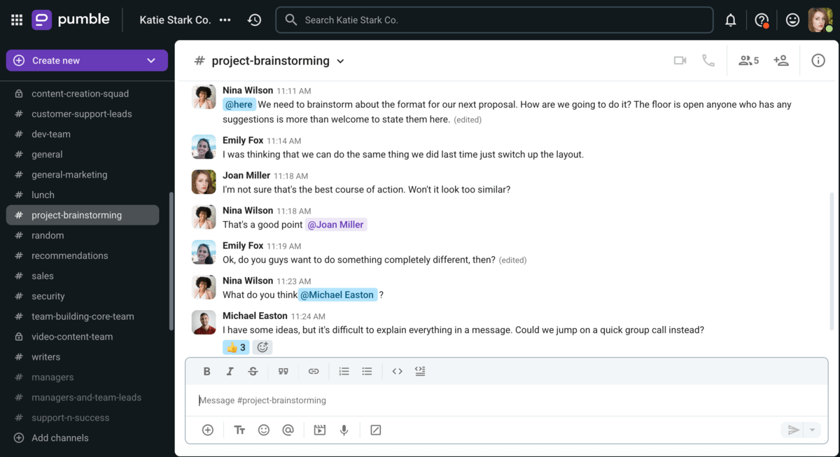 An example of a group meeting one member’s needs in a group chat on Pumble, a team communication app