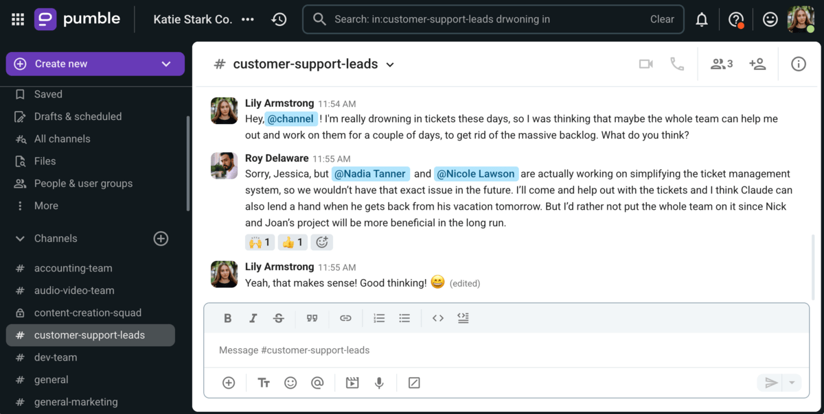 An example of long-term thinking shown on Pumble, a team communication app