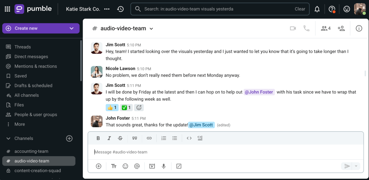 Communicating intentions and goals clearly in Pumble, a team communication app