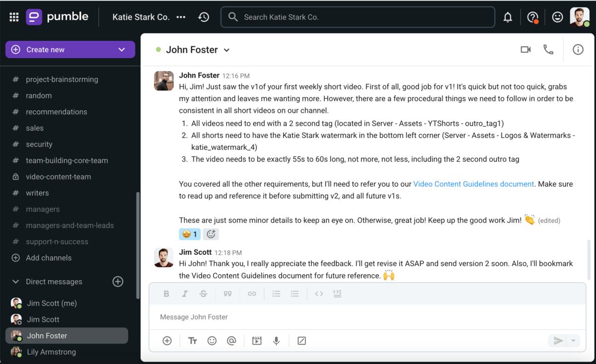 Constructive criticism in Pumble, a team communication app