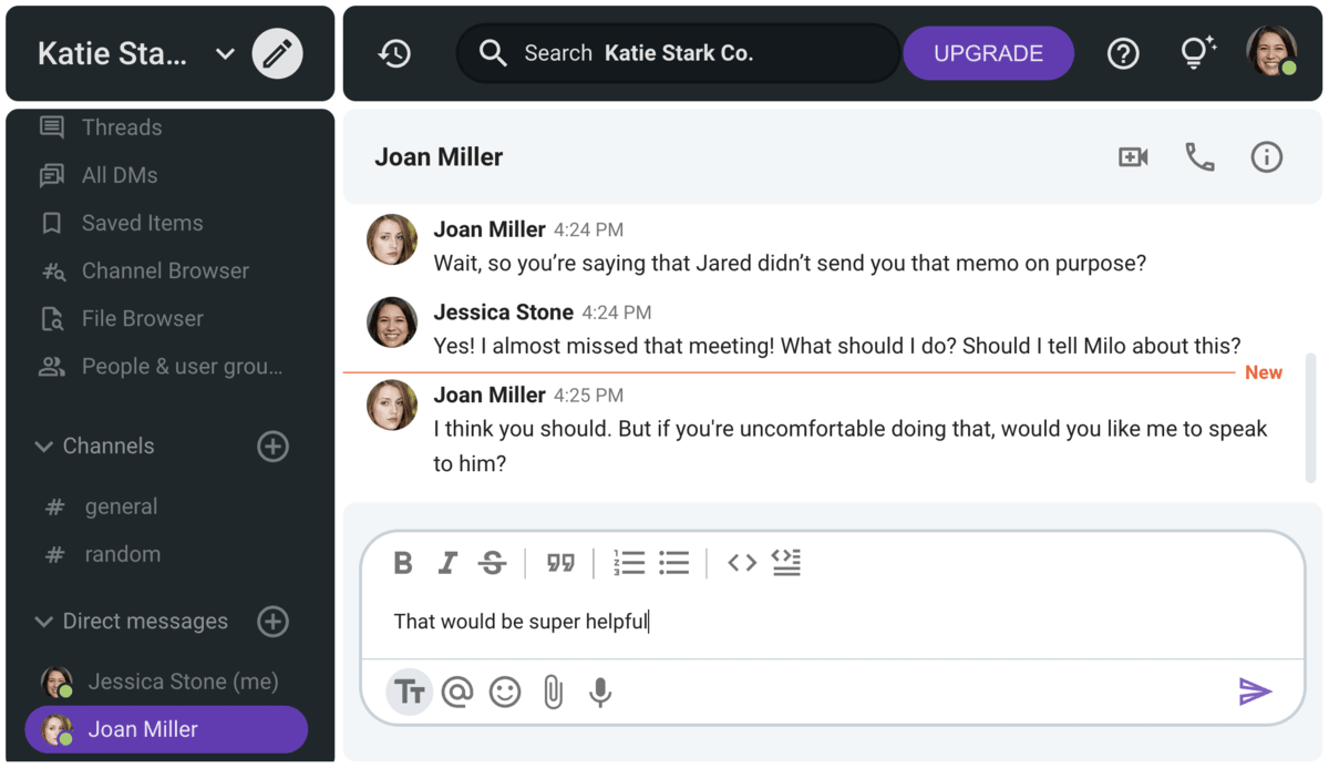 Joan doesn’t offer any directive feedback until Jessica asks for it on Pumble, a team collaboration app