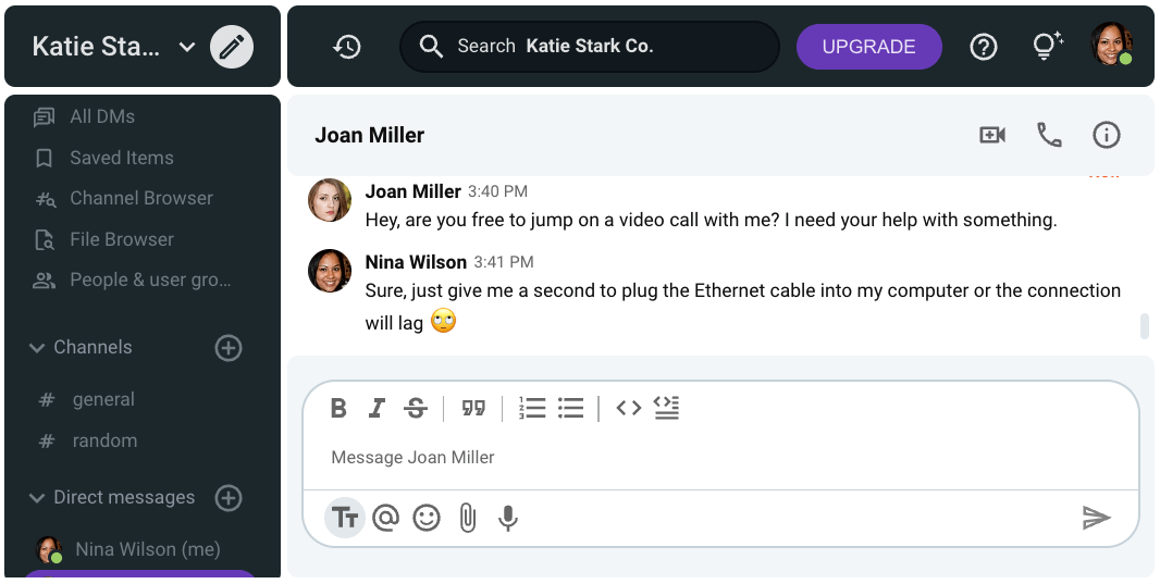 Nina is eliminating a potential distraction before her video call with Joan by ensuring a stable Internet connection — as seen on Pumble, a business messaging app
