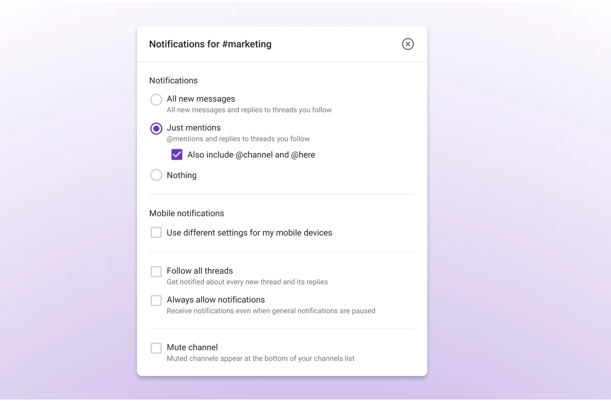 Notification settings in Pumble on mobile