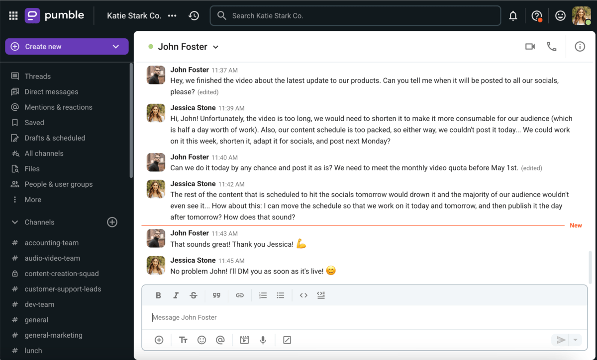 Reaching a compromise over Pumble, a team communication app