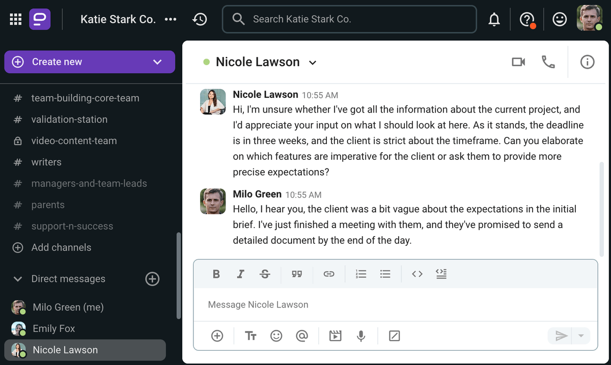 Nicole voices her concerns to Milo via Pumble, a business communication app