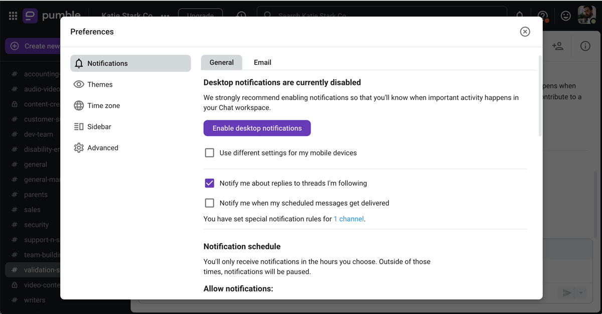 Setting up notification preferences on Pumble