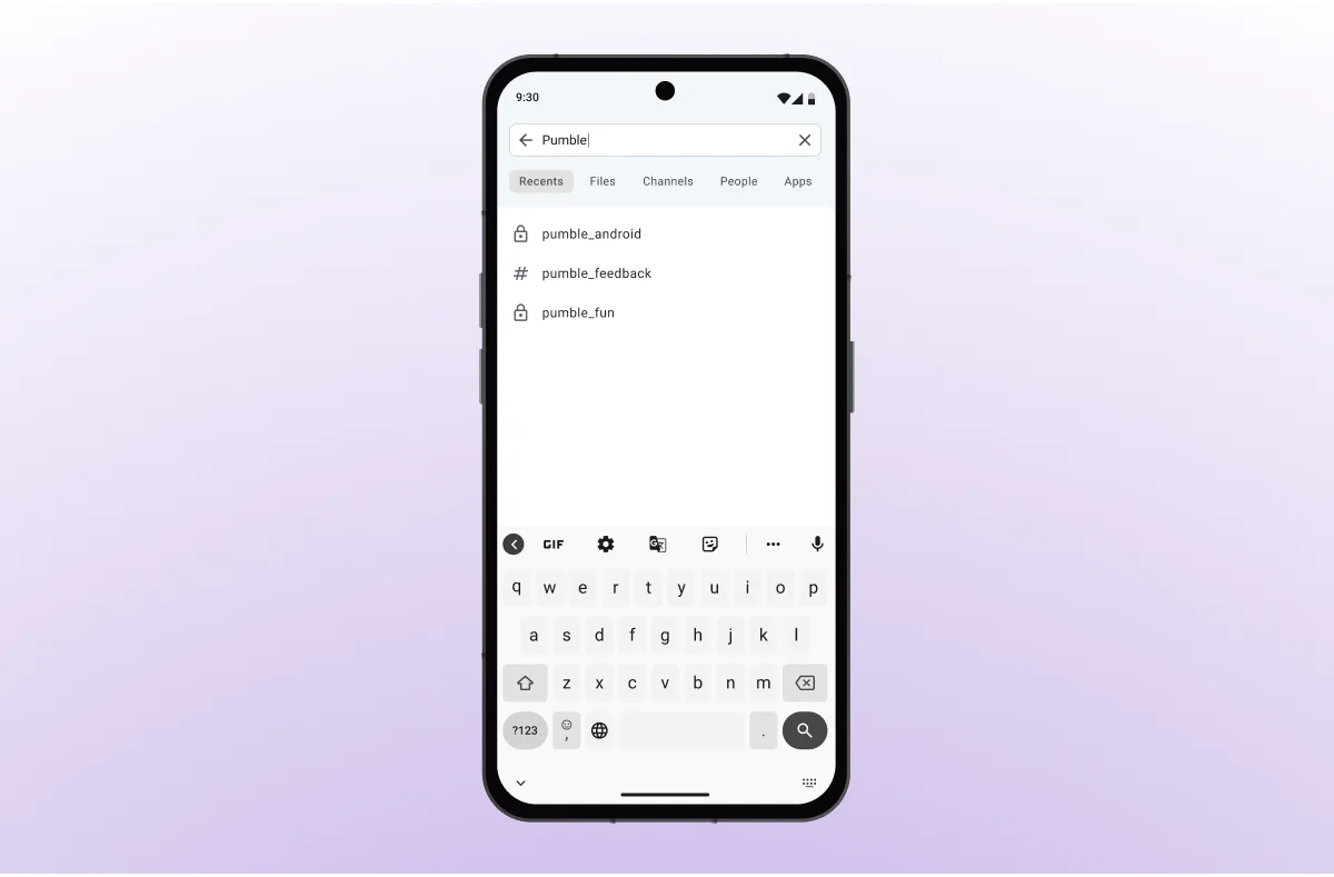 The search function on Pumble mobile